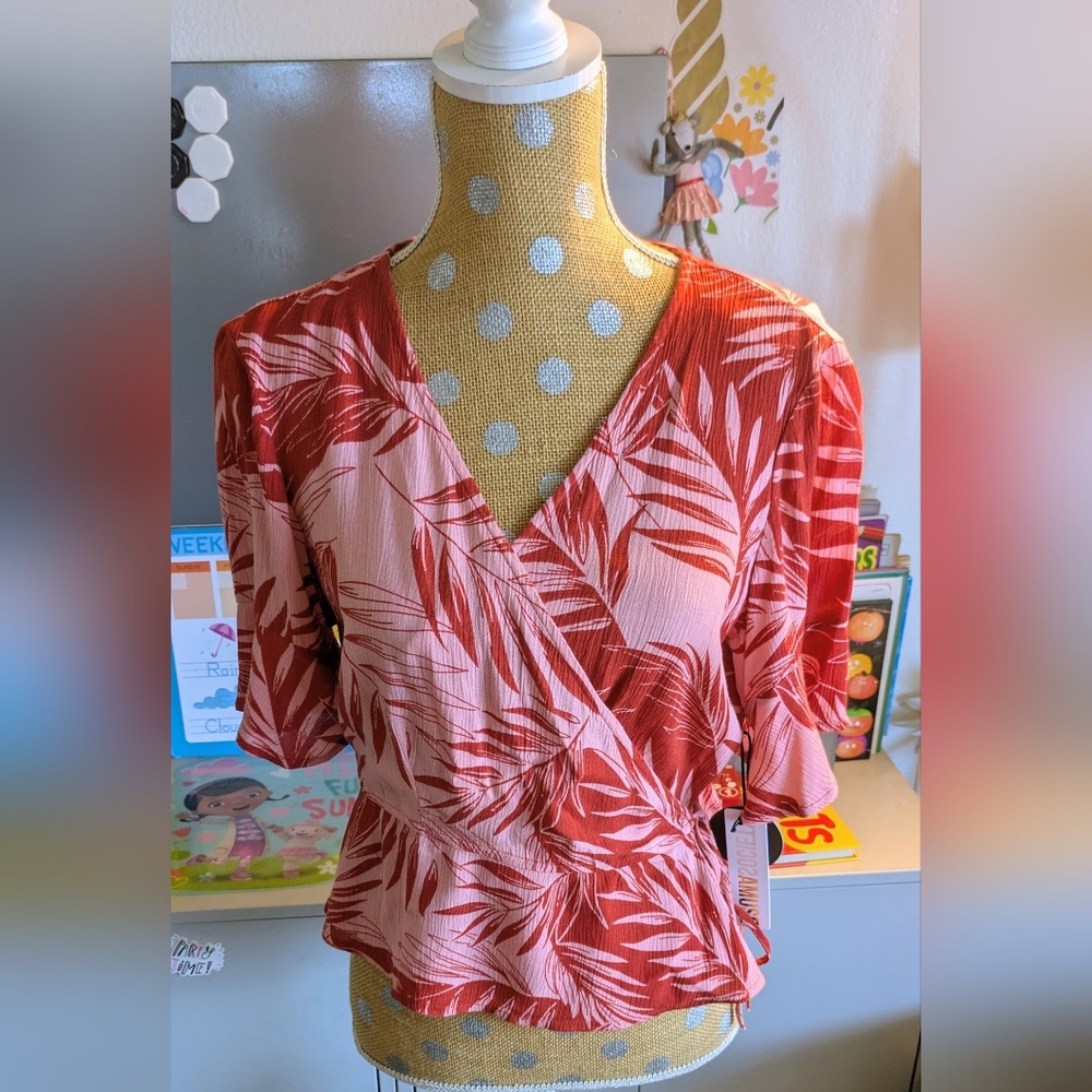 Red and Pink Leaf Print Wrap blouse